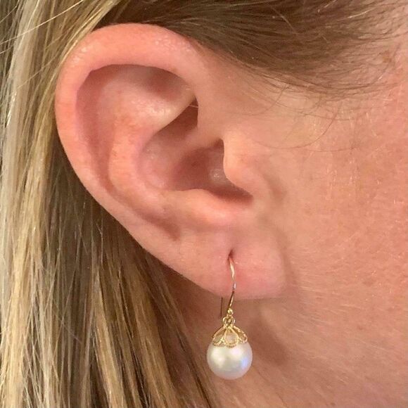 Akoya Pearl Earrings 14 KT Yellow Gold 9.16 mm Certified $1,390 017528 - Picture 1 of 7